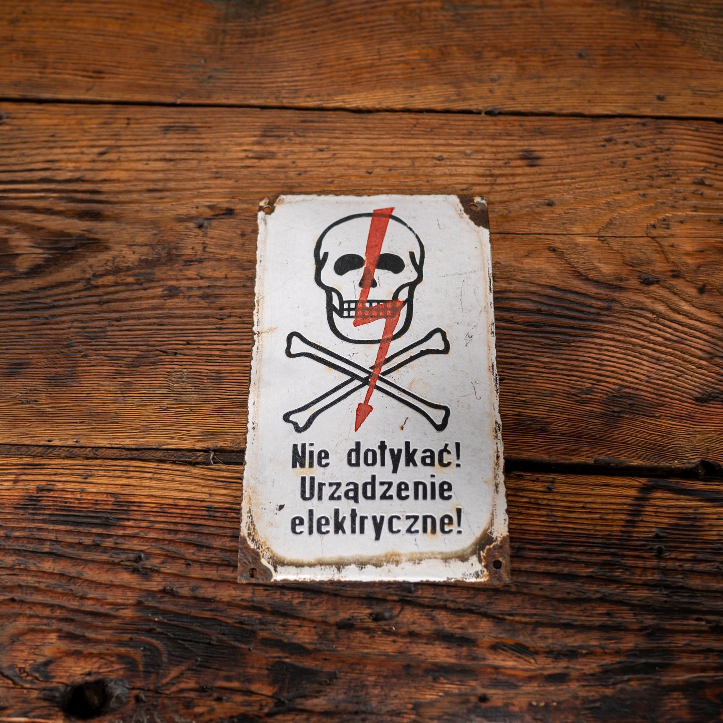 Vintage polsk elektrisk advarselsskilt i stål og emalje