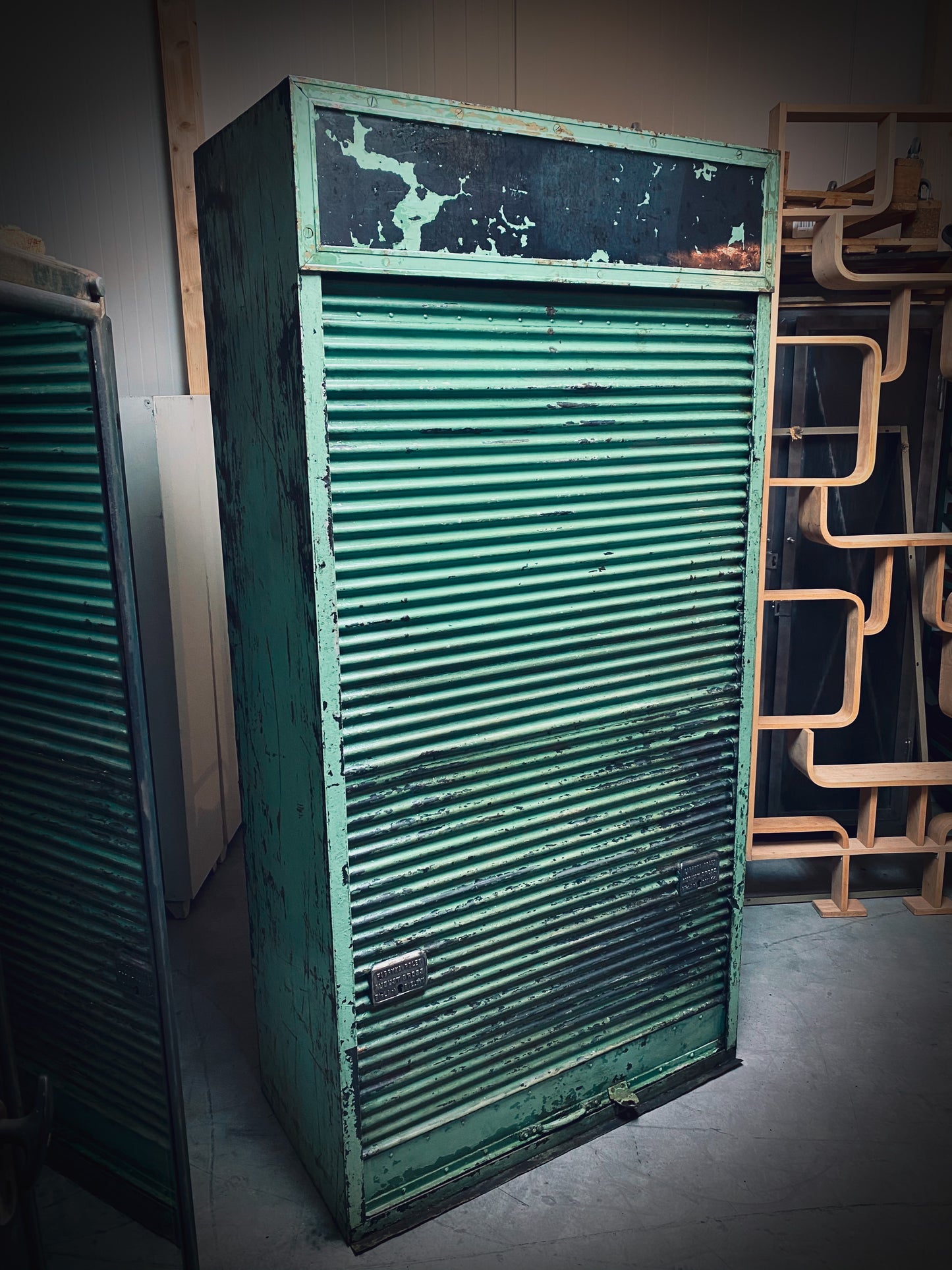 Rolling door closet with bank of drawers