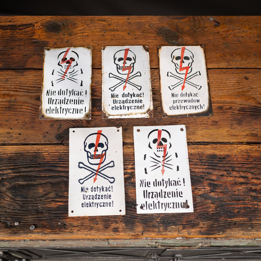 Vintage polsk elektrisk advarselsskilt i stål og emalje