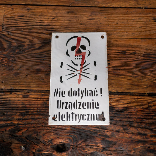 Vintage polsk elektrisk advarselsskilt i stål og emalje